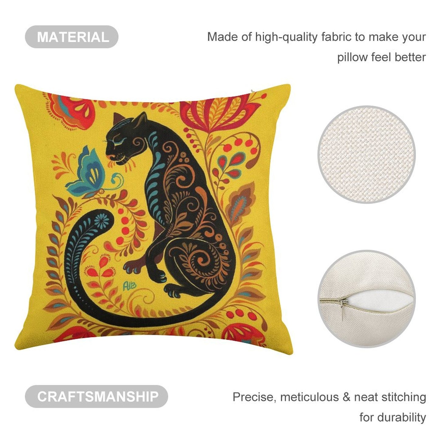 Panther & Butterfly Folk Art Linen Throw Pillow Cover