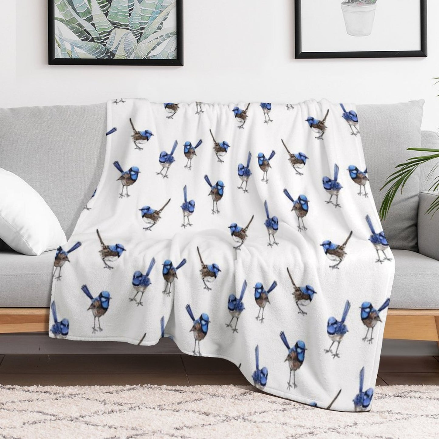 Blue Wrens, Scattered on White Throw Blanket