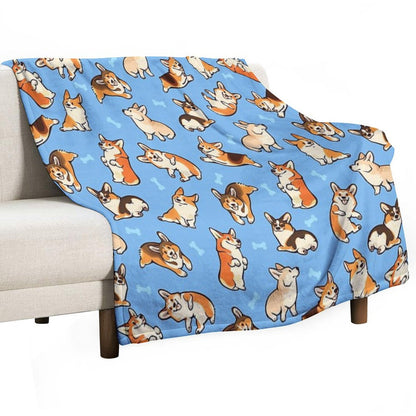 Jolly Corgis in Blue Throw Blanket