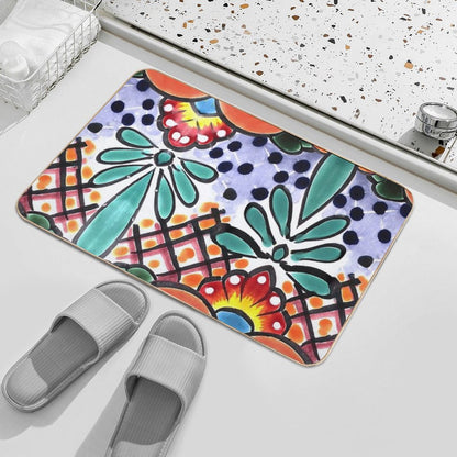 Colorful Talavera, Orange Accent, Mexican Tile Design Bath Mat