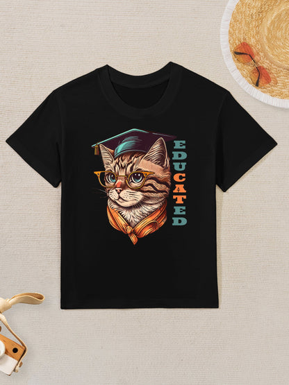 Educated Cat in Graduation Cap Funny Graduation Decorations Kids T-Shirt