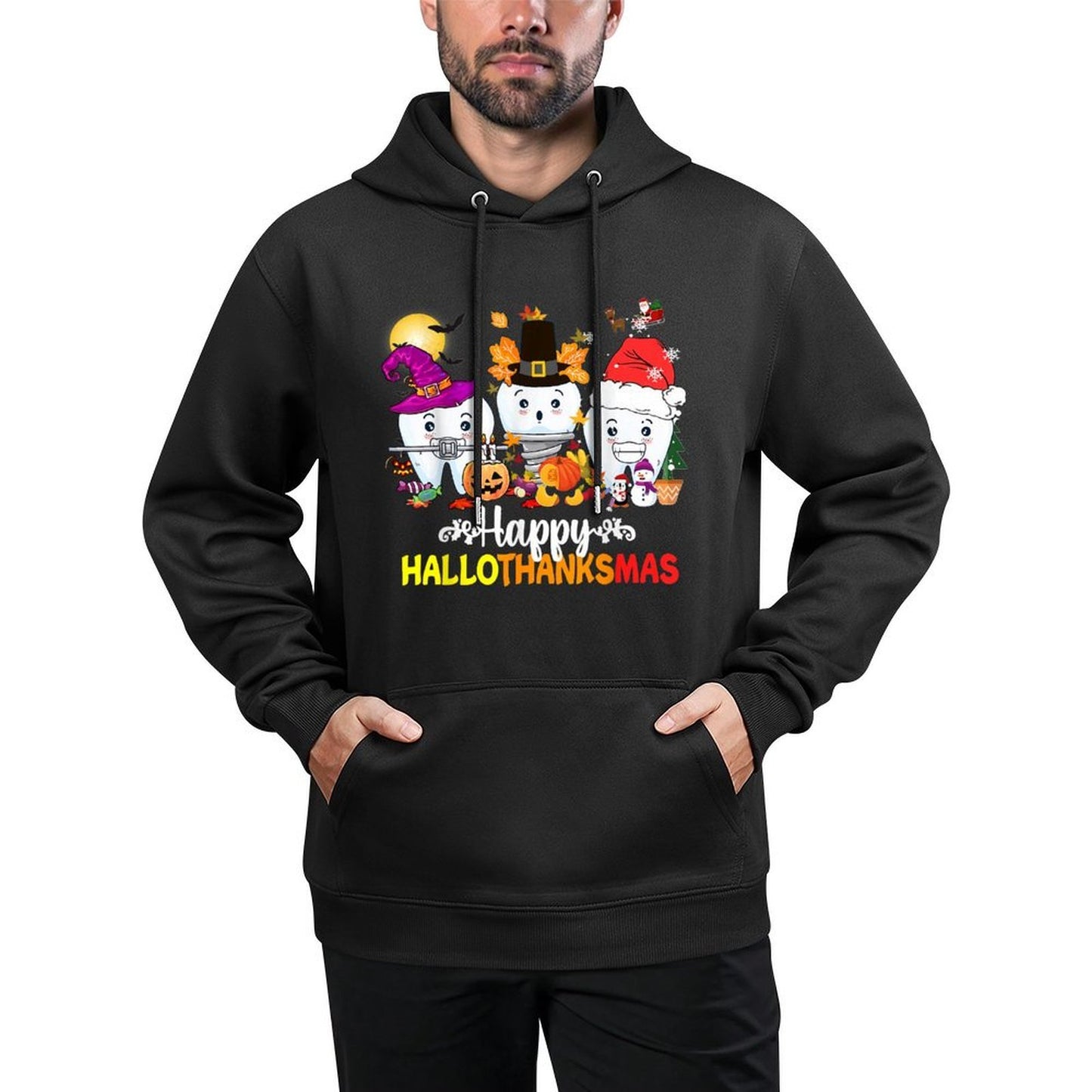 Dental Halloween Thanksgiving Christmas Happy HalloThanksmas Shrink-Resistant Hoodie