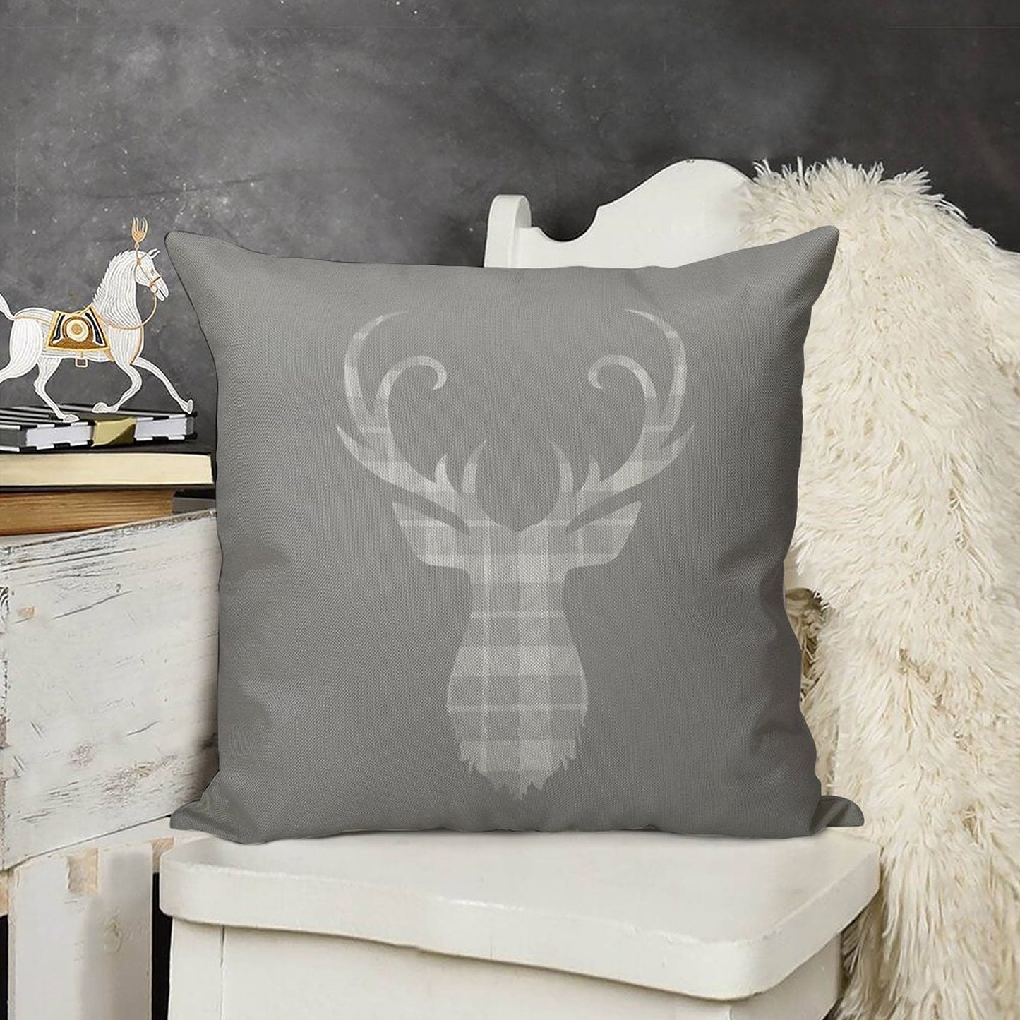 Grey Tartan Stag Head Linen Throw Pillow Cover