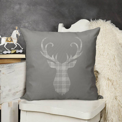 Grey Tartan Stag Head Linen Throw Pillow Cover
