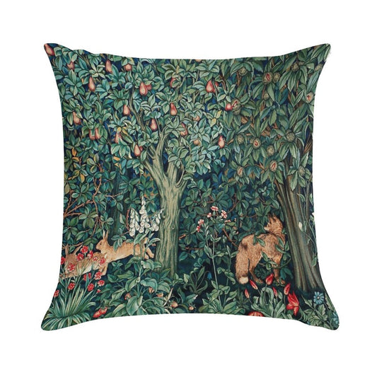 GREENERY, FOREST ANIMALS Fox And Hares Blue Green Floral Tapestry Soft Shrink-Resistant Throw Pillow