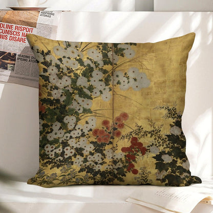 White Red Chrysanthemums Floral Japanese Gold Screen Print Linen Throw Pillow Cover