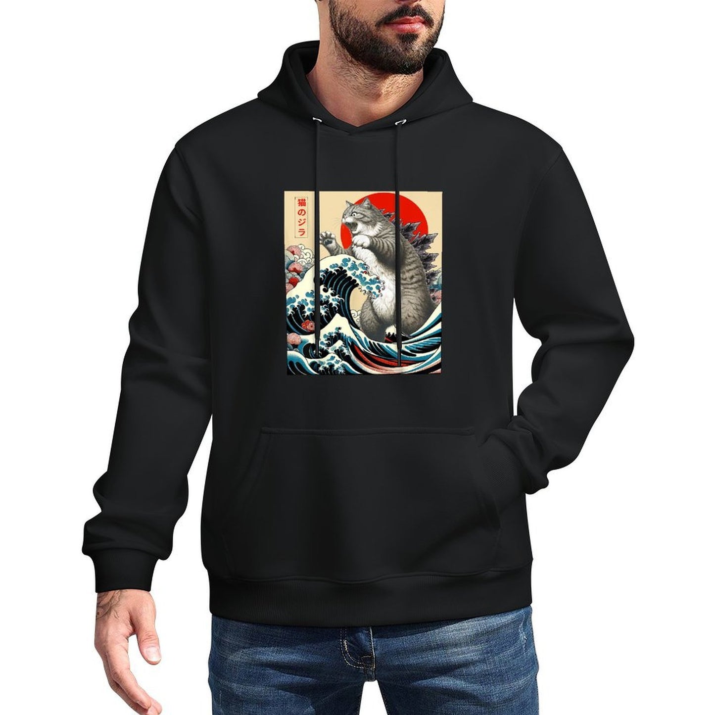 Catzilla Cat Japanese Art Funny Cat Gifts For Men Women Kid Adjustable Hood Hoodie