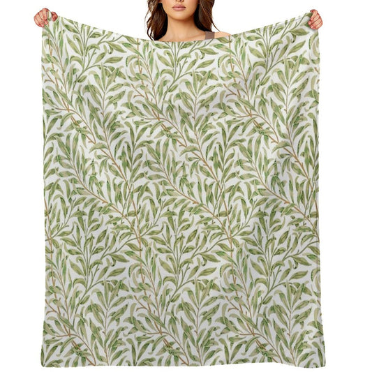 Willow Bough by William Morris - Seamless-  Gold Green Leaves on Off White Background Throw Blanket