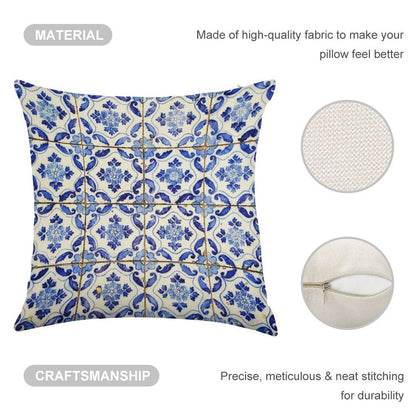 Portuguese Tiles. Blue Flowers And Leaves Linen Throw Pillow Cover