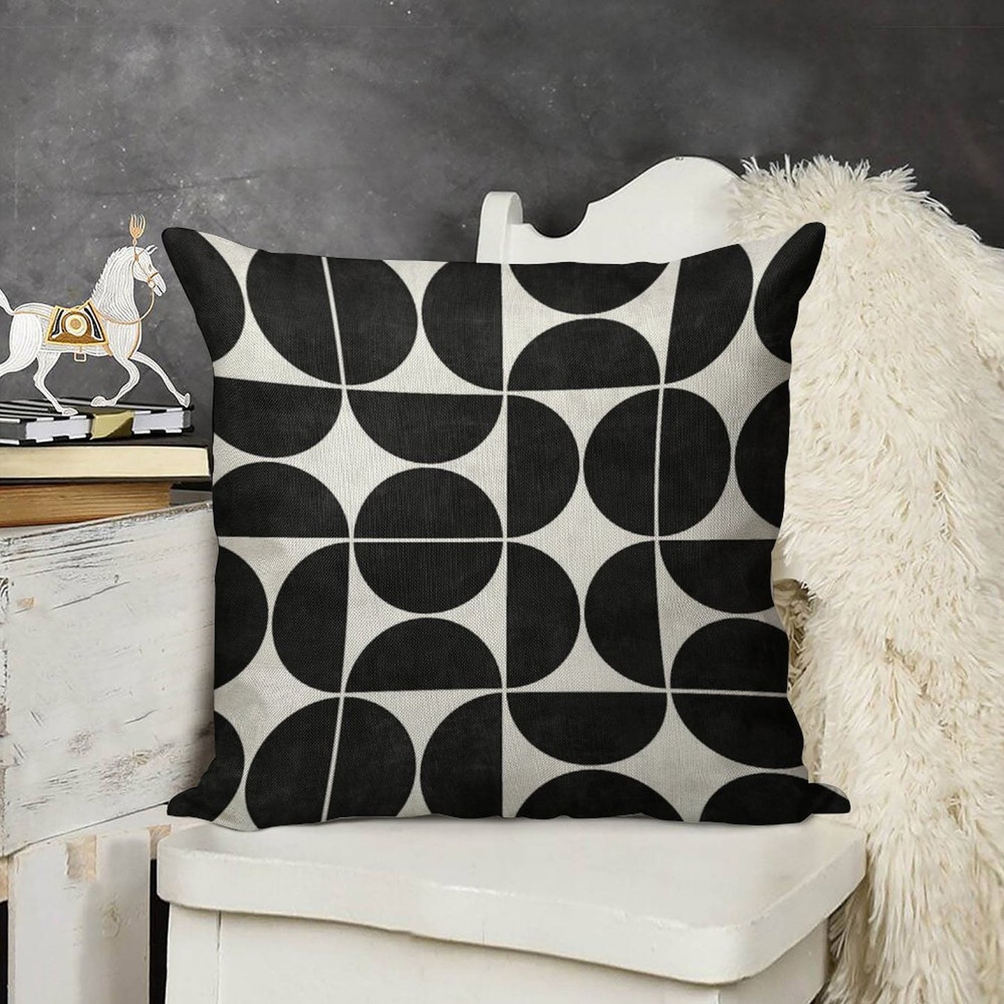 Mid-Century Modern Pattern No.3 - Black And White Concrete Linen Throw Pillow Cover