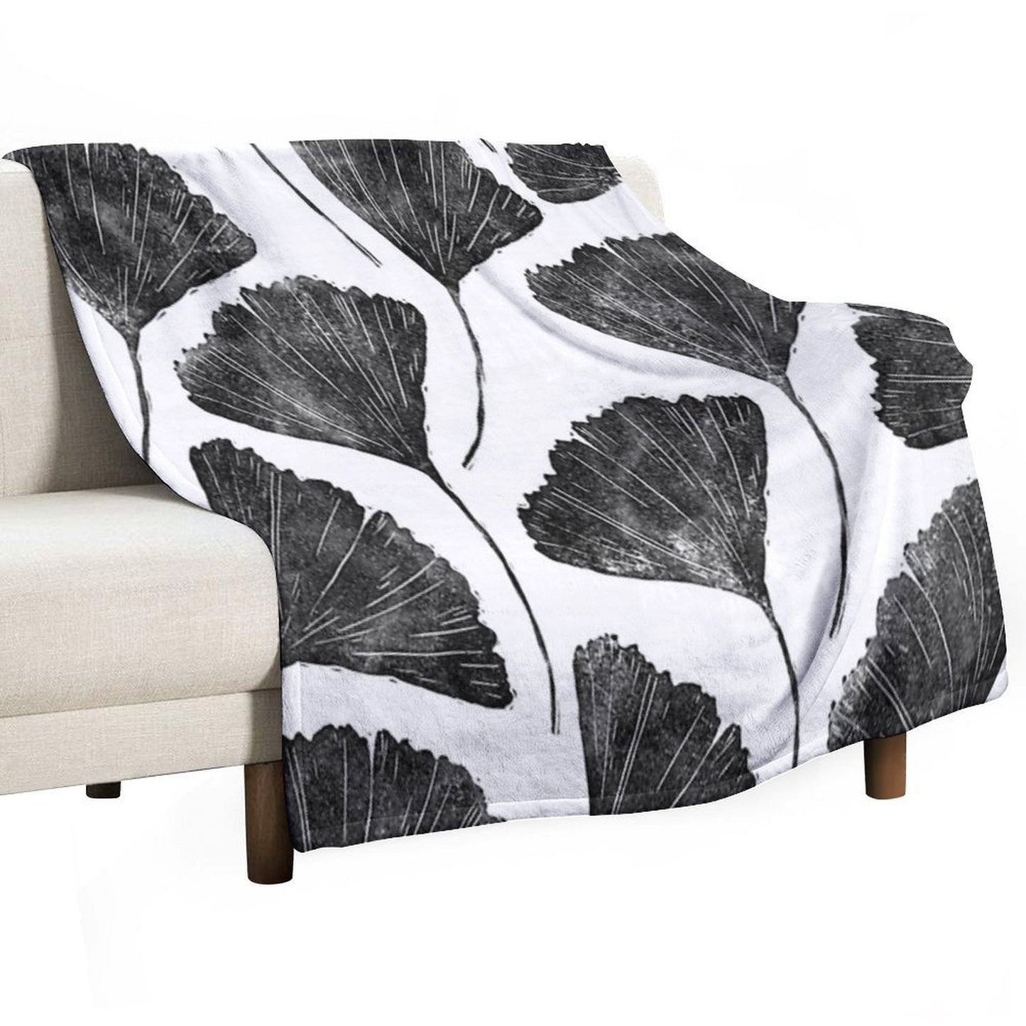 Ginkgo Biloba, Lino Cut Nature Inspired Leaf Pattern Throw Blanket