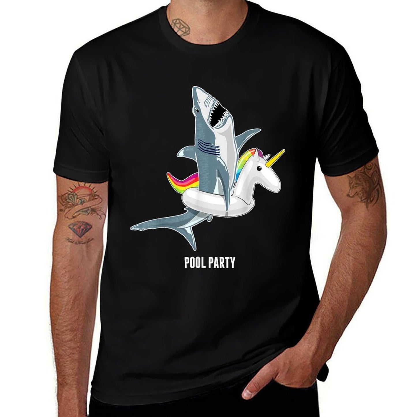 Pool Party Unicorn Float Funny Shark Lover Gift Kids  Ribbed Collar T-Shirt