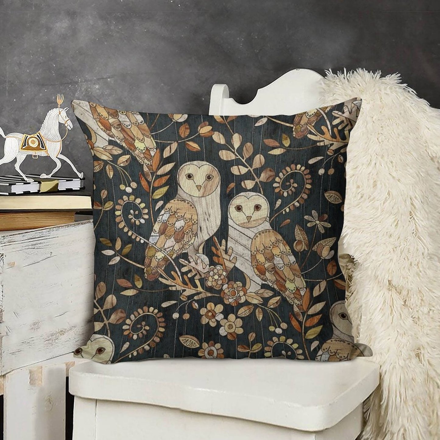 Wooden Wonderland Barn Owl Collage Linen Throw Pillow Cover