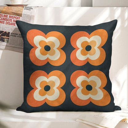 Retro Flowers - Orange And Charcoal Linen Throw Pillow Cover