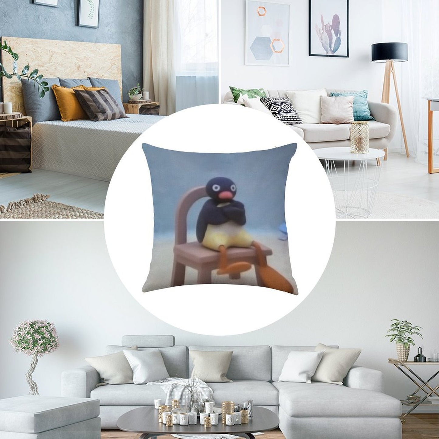 Angry Pingu Linen Throw Pillow Cover