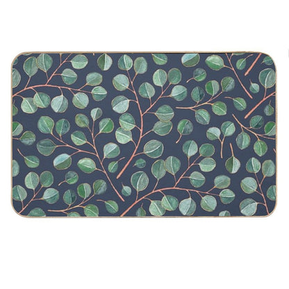 Simple Silver Dollar Eucalyptus Leaves on Navy Blue Bath Mat