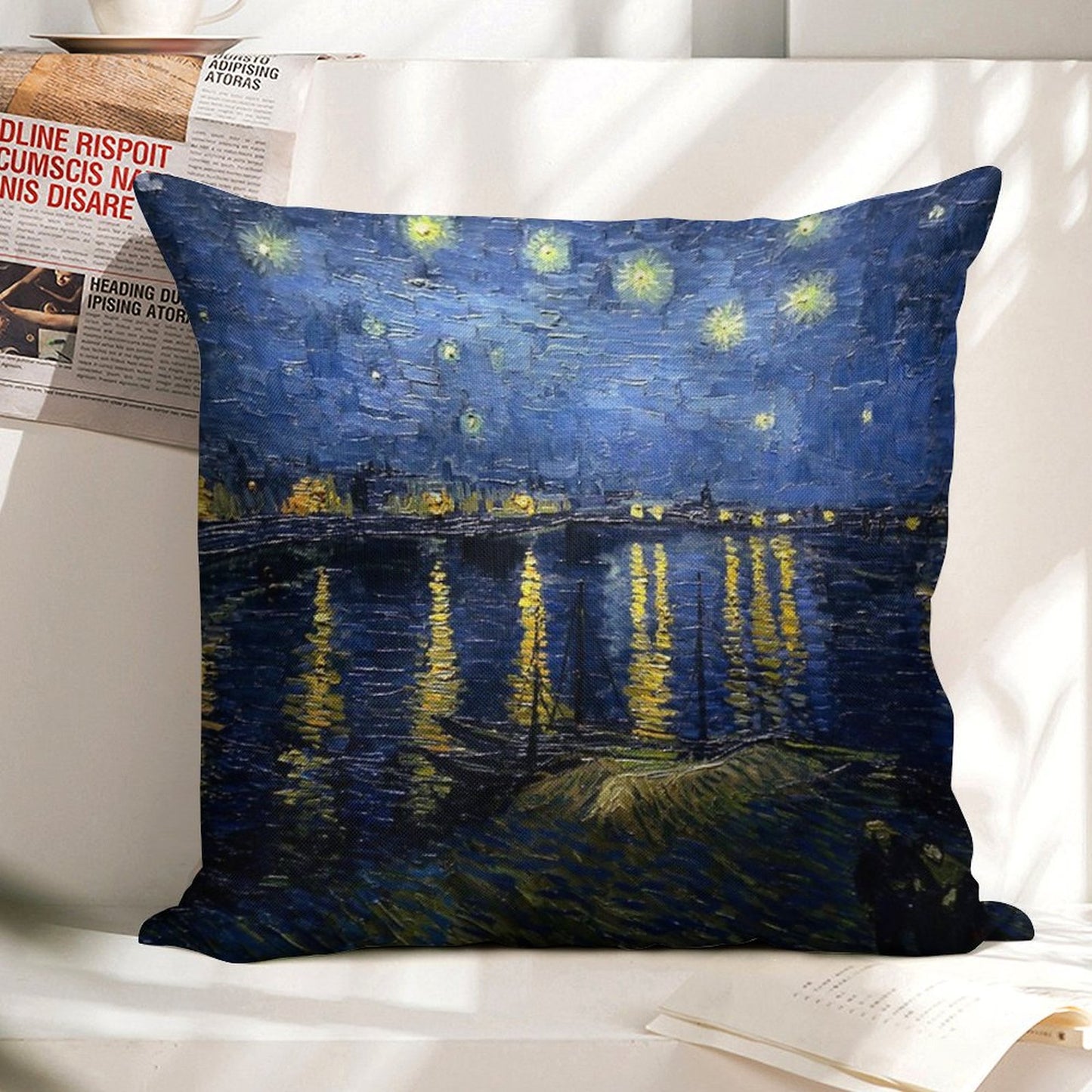 Starry Night Over The Rhone - Van Gogh Linen Throw Pillow Cover