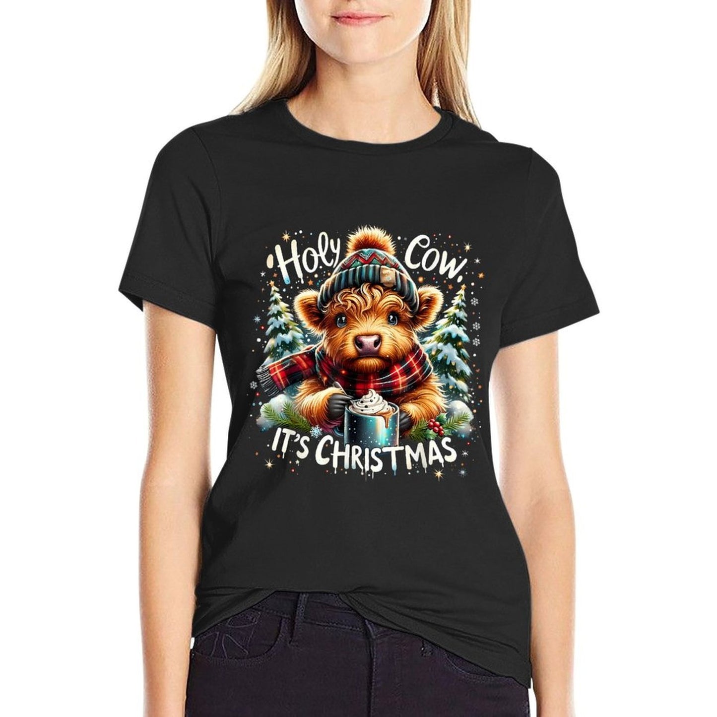 Holy Cow It’s Christmas Funny Cozy Farm Design HighlandCow  Polyester Blend T-Shirt