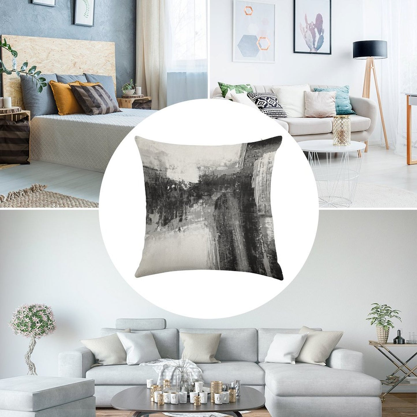 Black White Abstract Linen Throw Pillow Cover