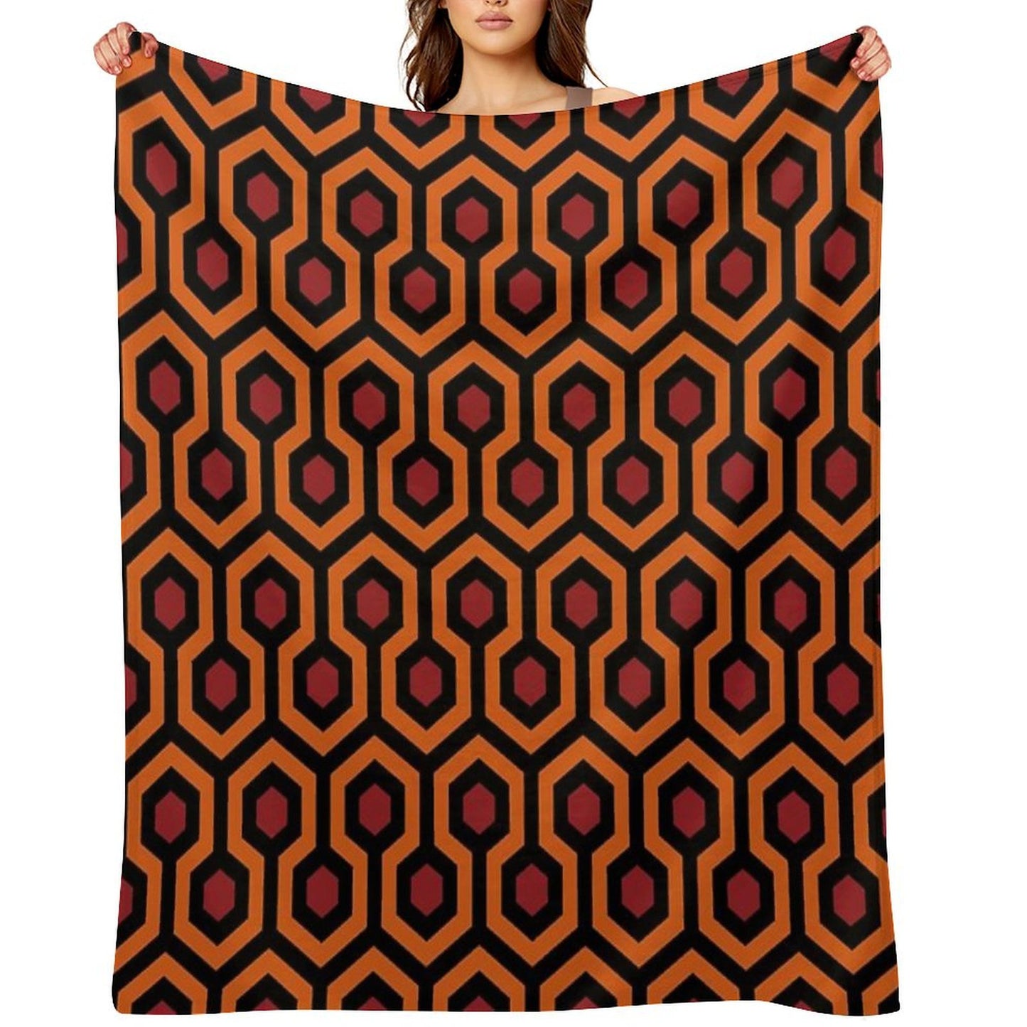 Geometric Pattern Looped Hexagons OrangeRedBlack Throw Blanket