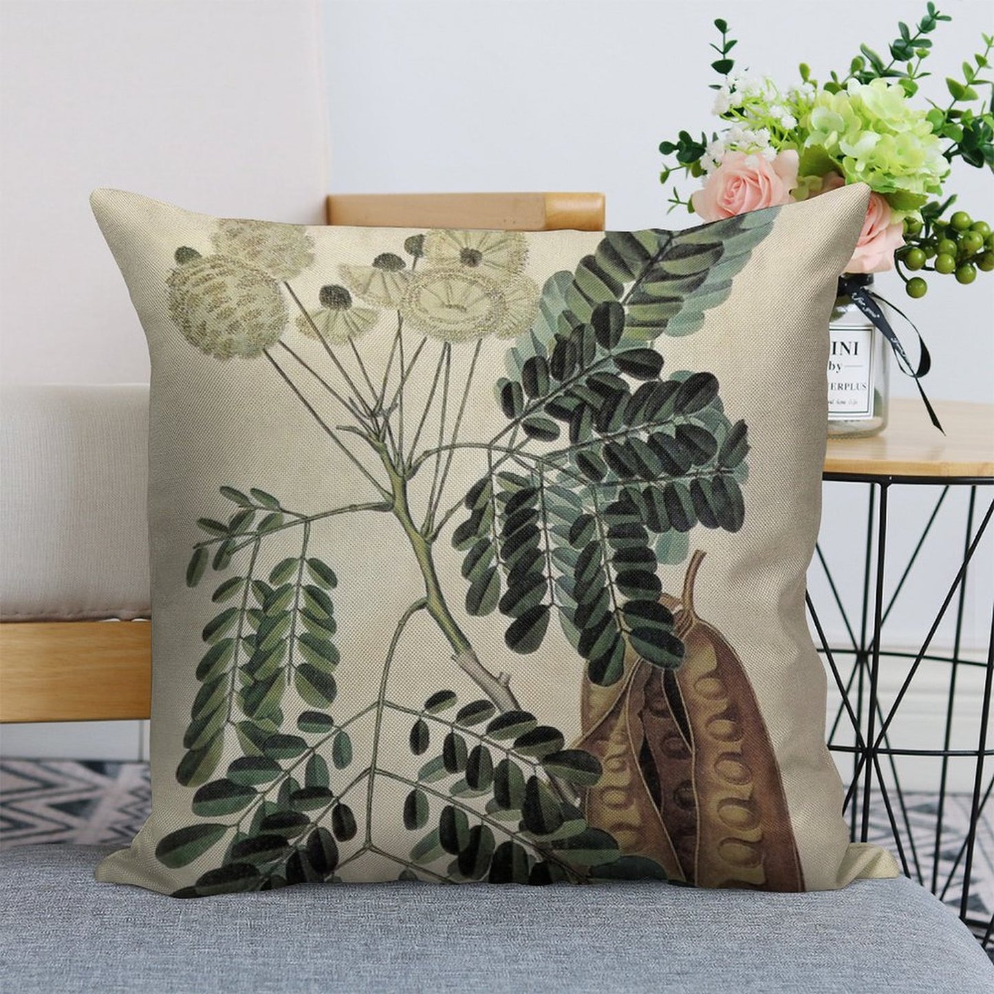 Acacia Vintage Botanical Print Linen Throw Pillow Cover