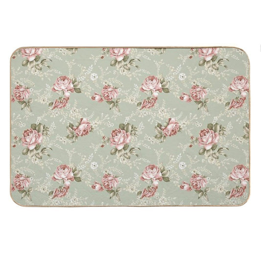 Vintage Blush Roses - Sage Green Background Bath Mat