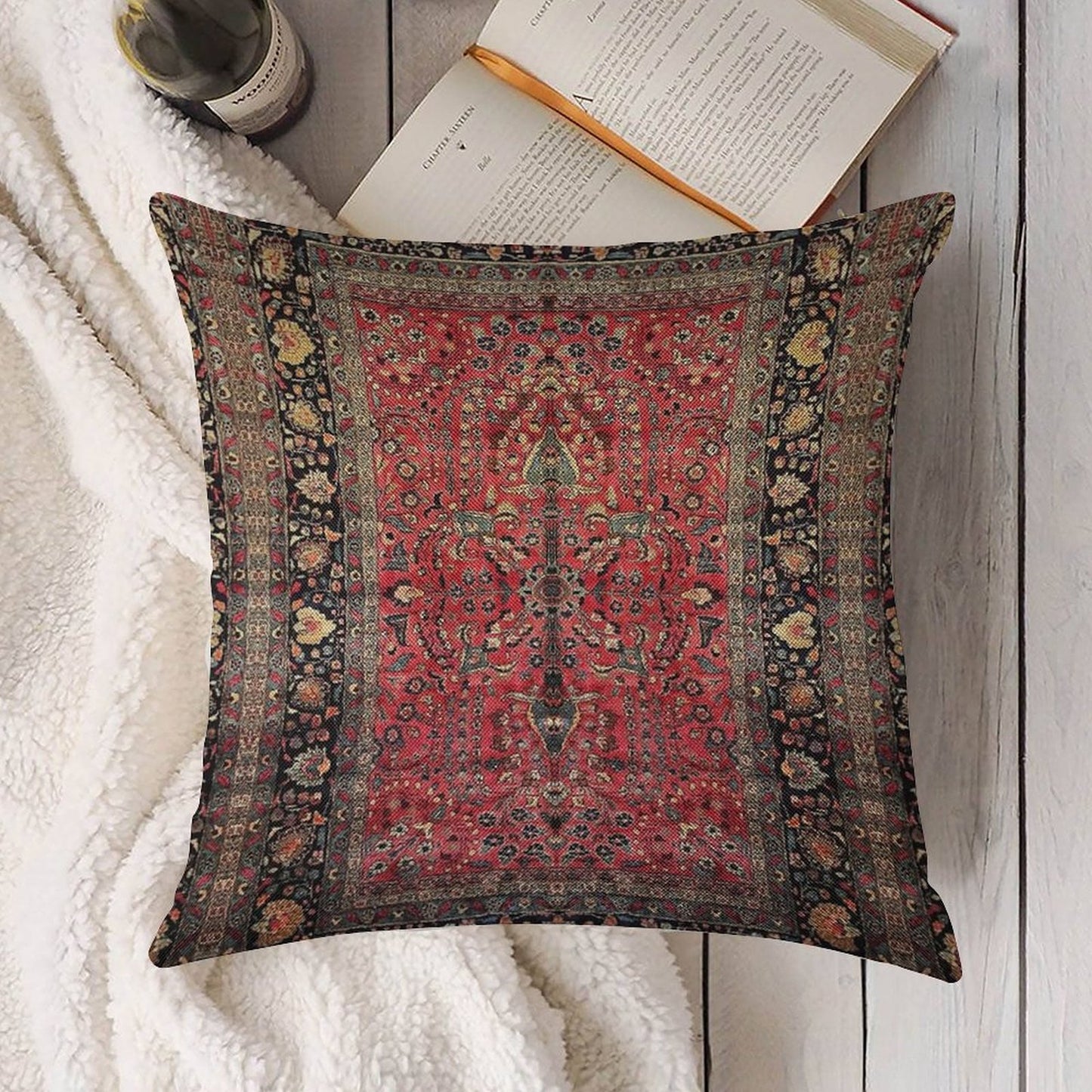 Antique Persian Red Rug Linen Throw Pillow Cover