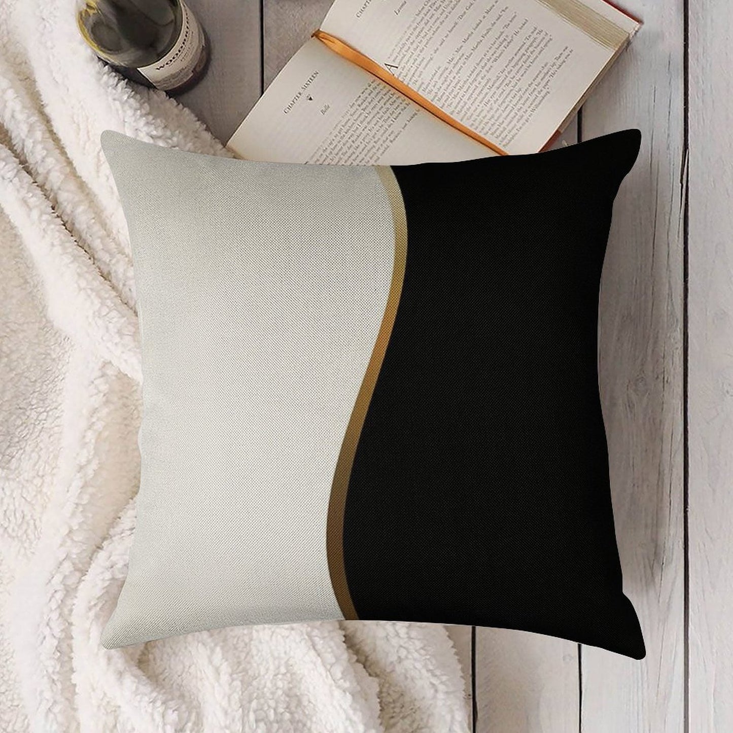 Black And White, Gold Wave Linen Throw Pillow Cover