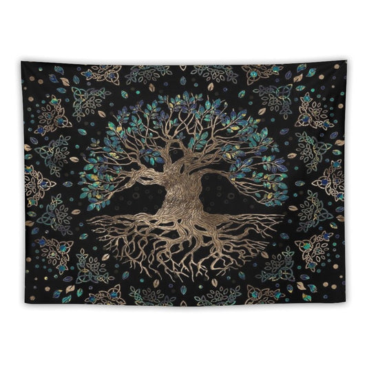 Tree of Life -Yggdrasil Golden And Marble Ornament Tapestry