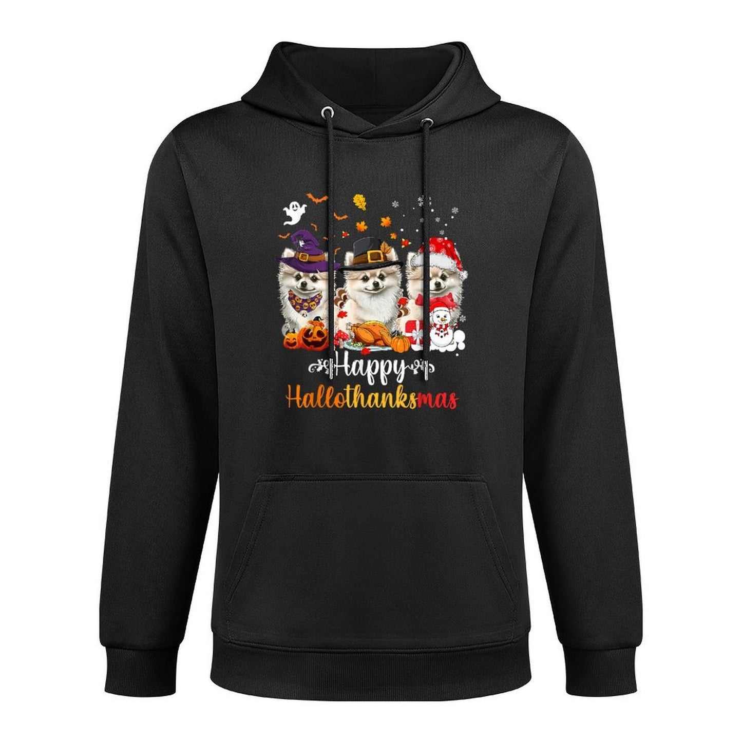 Happy Hallothanksmas Pomeranian Dog Halloween Christmas Medium-Weight Fabric Hoodie
