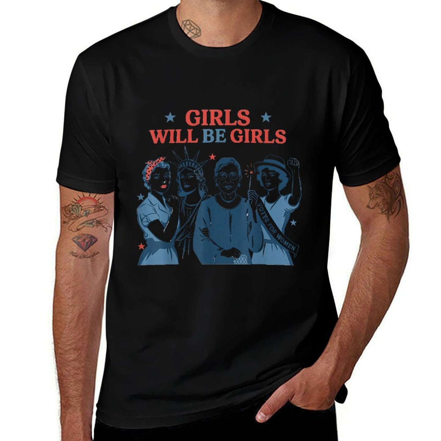 Girl Will Be Girls Patriotic Feminist 4th Of July USA  Ribbed Collar T-Shirt