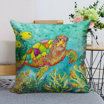 Colorful Watercolor Sea Turtle Linen Throw Pillow Cover