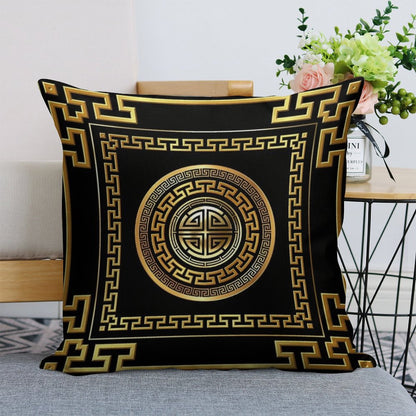 Greek Key Meander Black Gold Large Linen Throw Pillow Cover