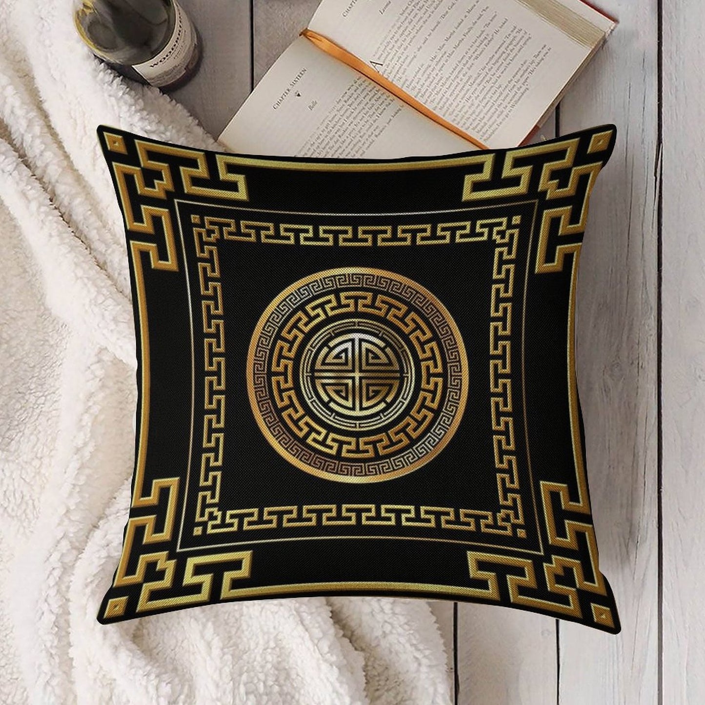 Greek Key Meander Black Gold Large Linen Throw Pillow Cover