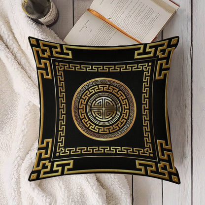 Greek Key Meander Black Gold Large Linen Throw Pillow Cover