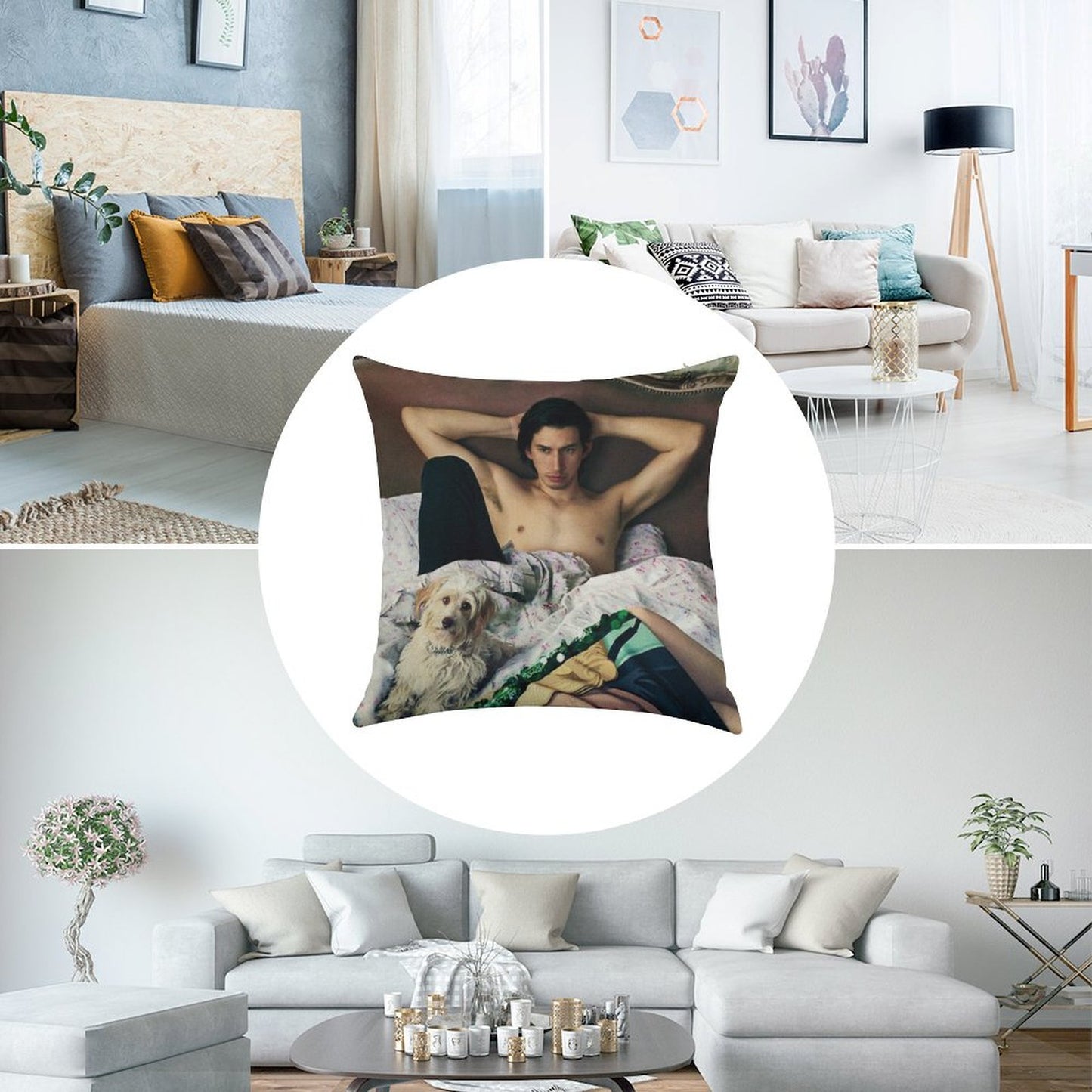 Adam Driver with Dog Photosession Linen Throw Pillow Cover