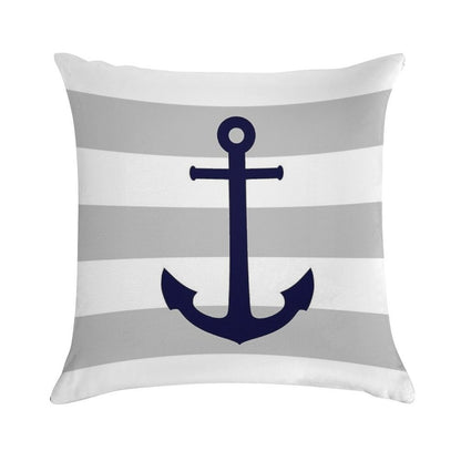 Nautical Navy Blue Anchor On Gray Stripes Soft Ultra-Soft Texture Throw Pillow