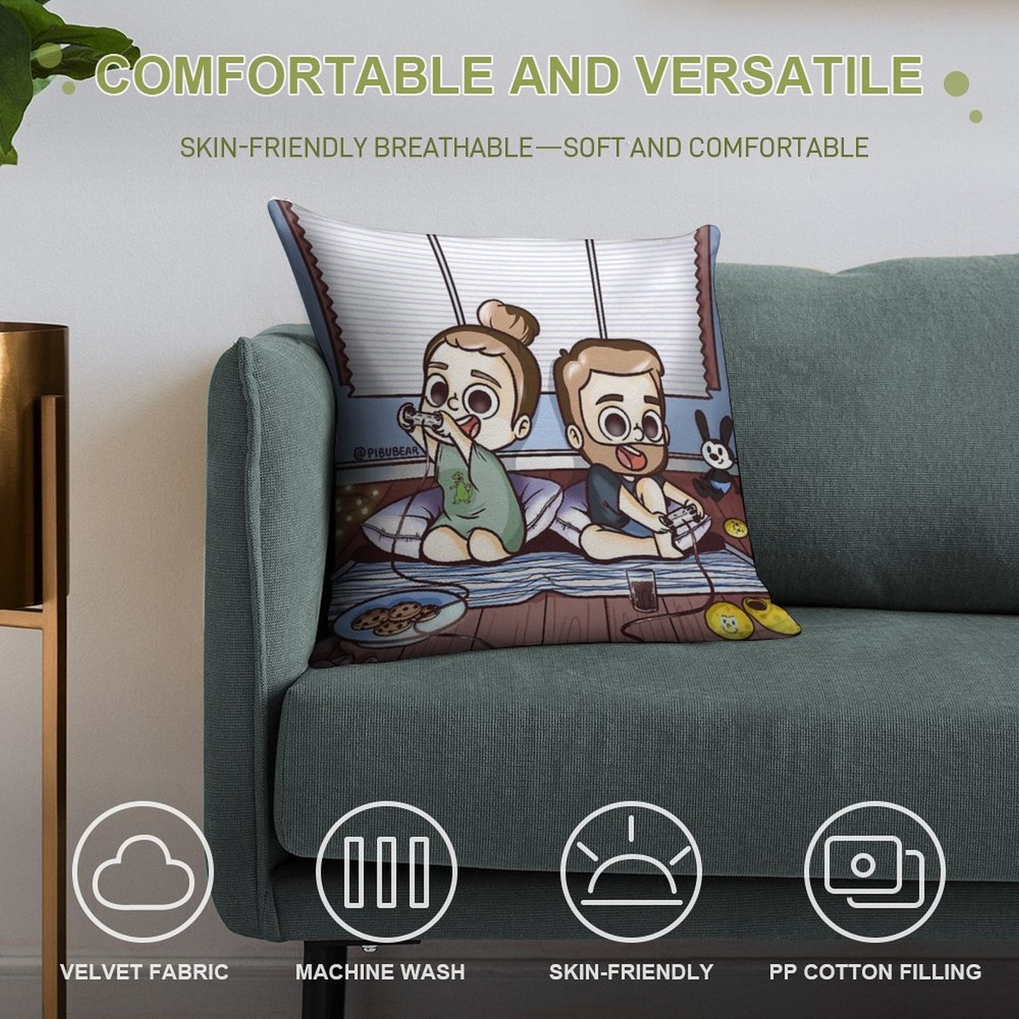 Let's Play Together - Pibubear Soft Washable Throw Pillow