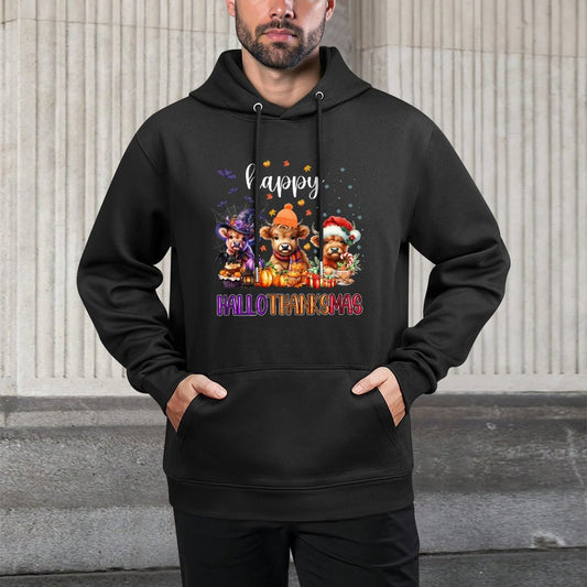 Happy Hallothanksmas Highland Cow Halloween Merry Christmas Sweatshirt Durable Construction Hoodie