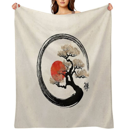 Enso Circle And Bonsai Tree on Canvas Throw Blanket