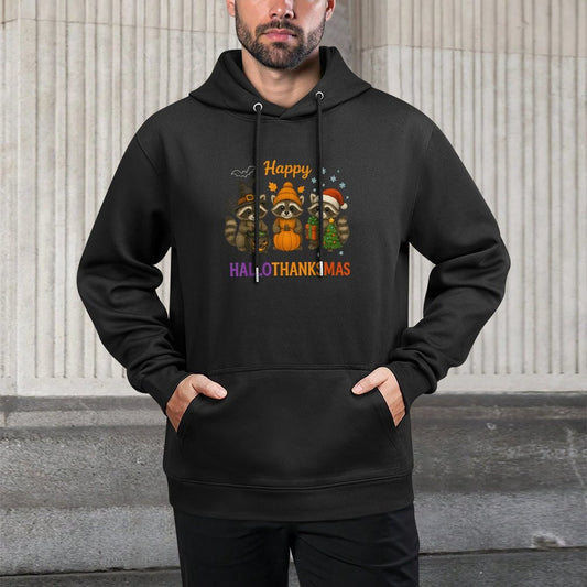 Happy Hallothanksmas Raccoon Halloween Christmas Colorfast Hoodie