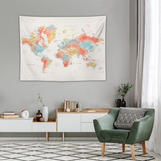 Colorful Watercolor Detailed World Map Tapestry