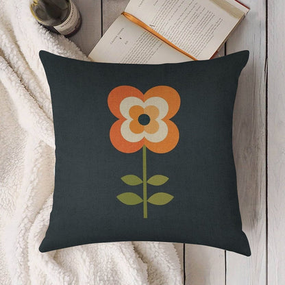 Retro Flower - Orange And Charcoal Linen Throw Pillow Cover