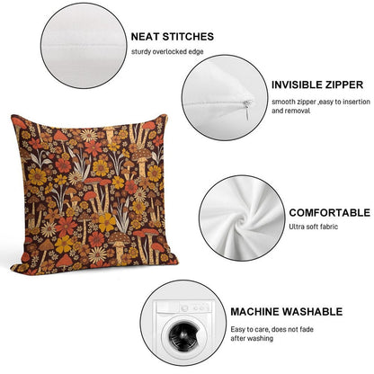 Retro 1970s Brown & Orange Mushrooms & Flowers Soft Anti-Pilling Throw Pillow