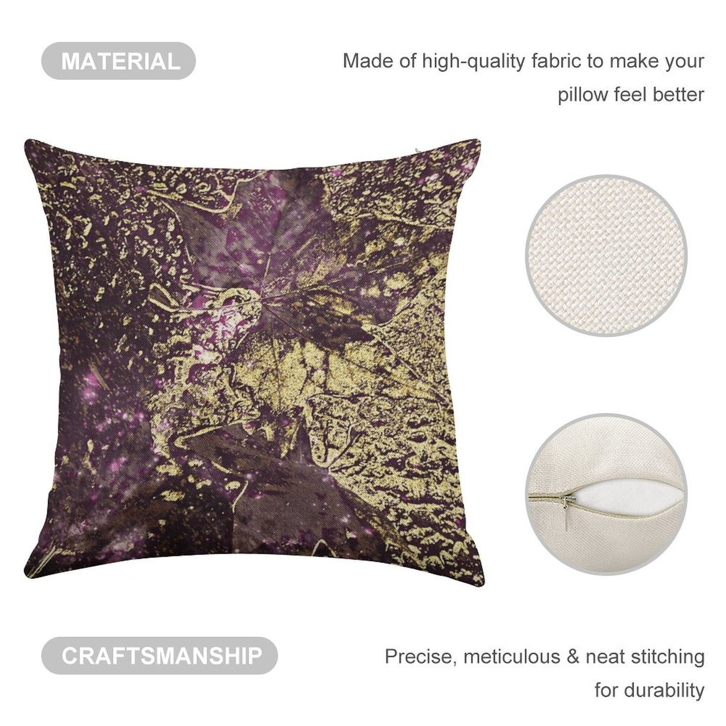 Two Purple Leaves in Melted Gold Linen Throw Pillow Cover