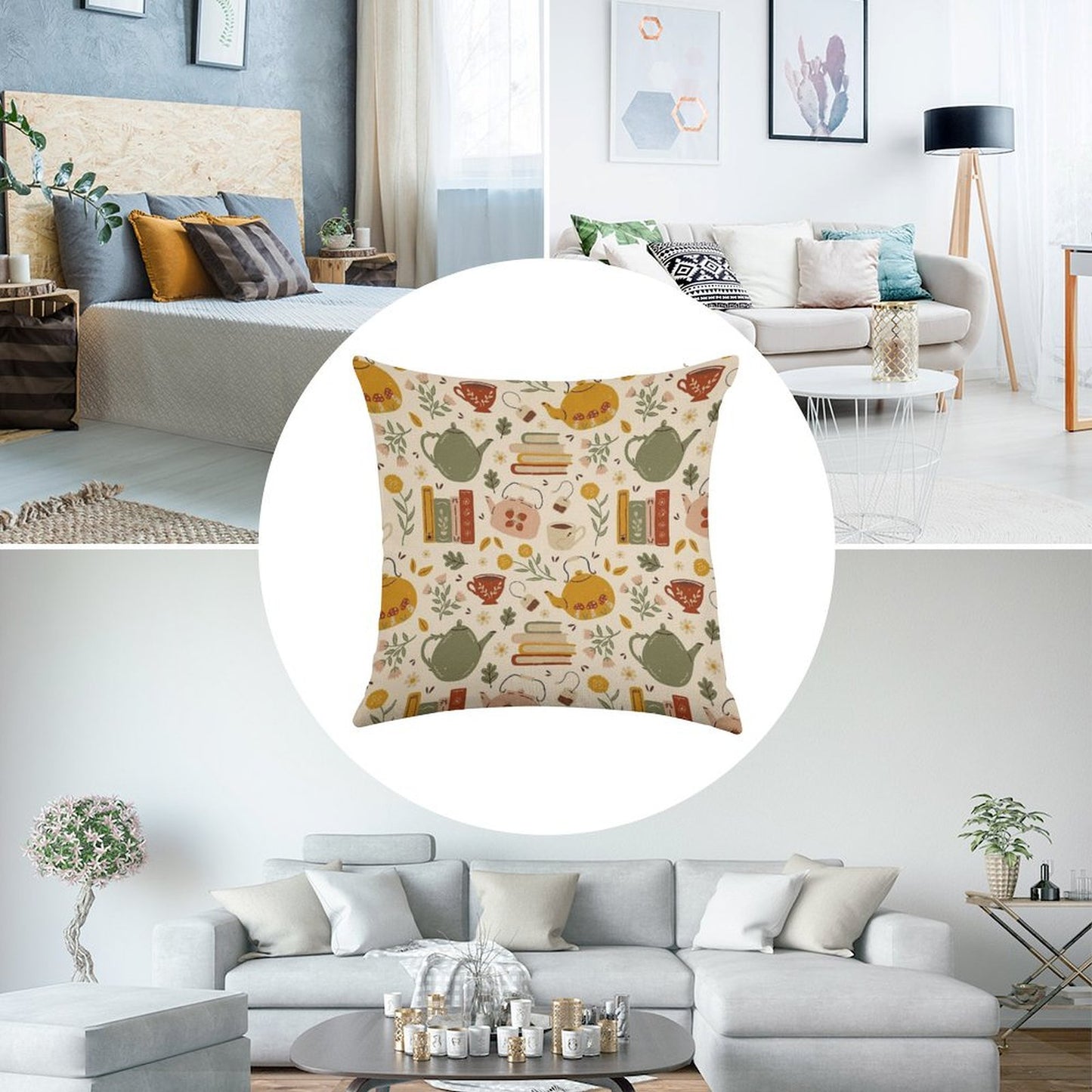 Flowery Books And Tea Linen Throw Pillow Cover