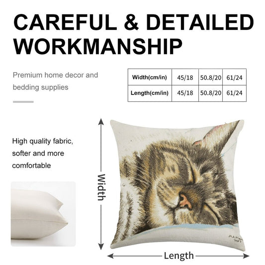 Sleeping Tabby Cat Linen Throw Pillow Cover