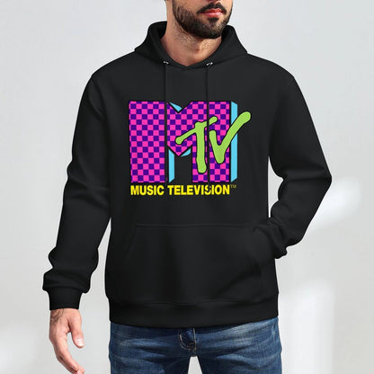 MTV Music Television Retro 80's Neon Pink Checkerboard Logo Pilling-Resistant Hoodie