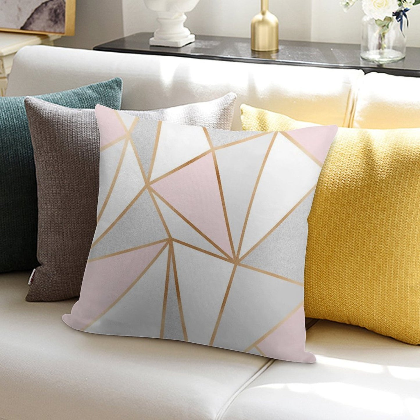Pink, Grey & Gold Geo Soft Durable Construction Throw Pillow