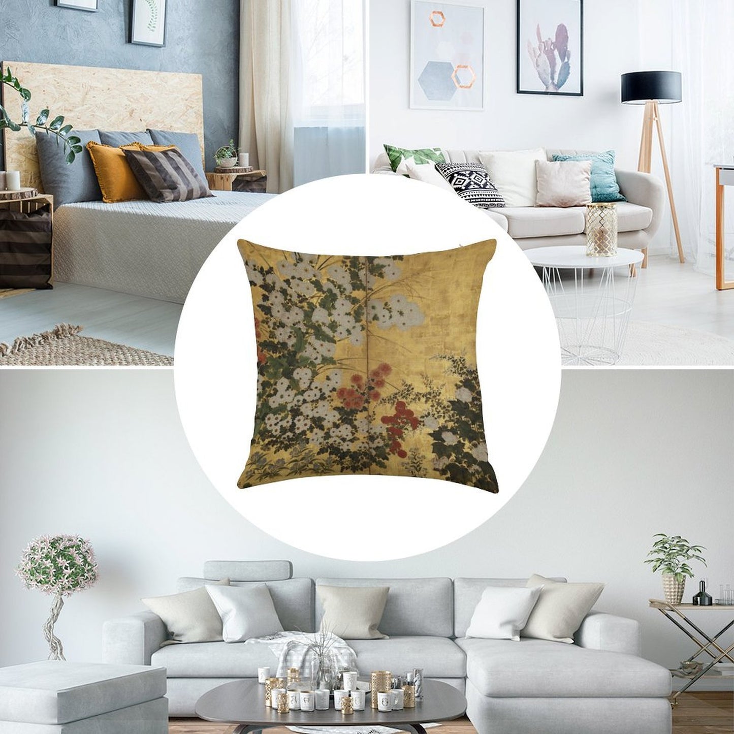 White Red Chrysanthemums Floral Japanese Gold Screen Print Linen Throw Pillow Cover